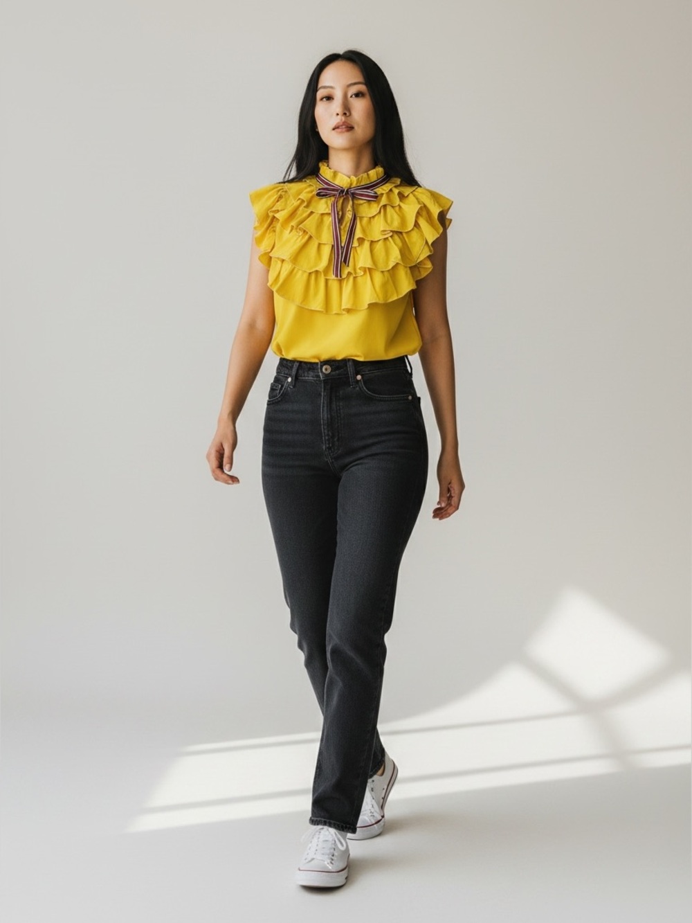 Love Song Mustard Yellow Ruffled High Neck Collared Blouse Small